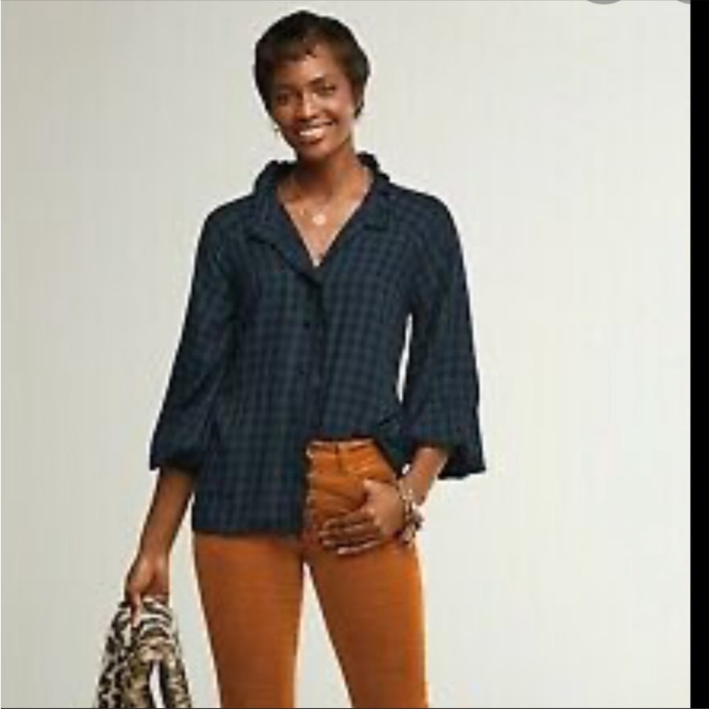 Cabi Aberdeen plaid ruffle button down shirt